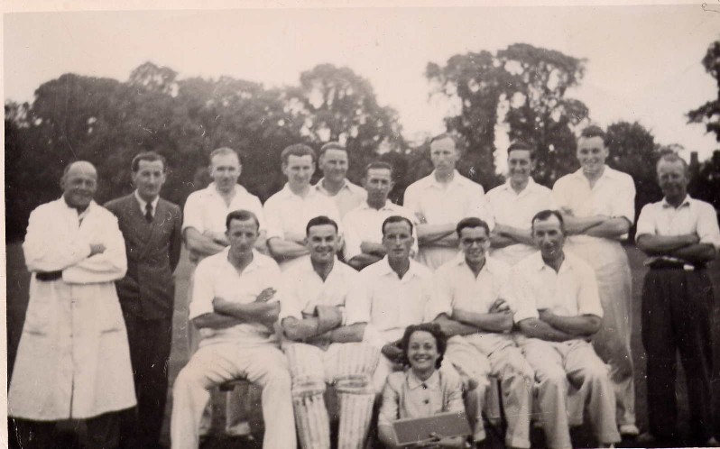 St.MCC lst.XI circa 1950 : Back row Albert Mead,Ted Challis,Roy Spicer,George Griffin,Benny Welsh,Jim Welsh, Ernie Pearce,Maurice Emery,Peter Sullivan, Ernie Hastler. Front Row: Reg Challis,Derek Kitteringham,Jack Lovick,Frank Grunsell, Bill Head and Helen Lovick,Scorer. Albert Mead was Secretary and Umpire and Ernie Hastler was the Groundsman.